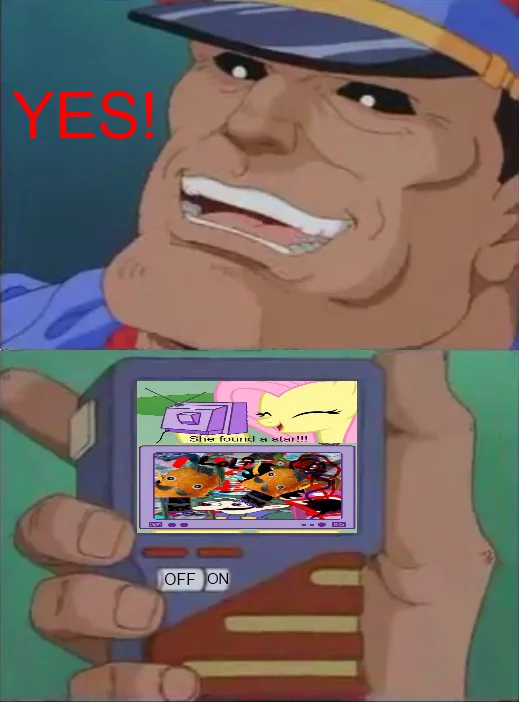 A brony-themed take on the M. Bison 'YES!' meme, revealing the handheld's screen to show a Fluttershy My Little Pony scene.