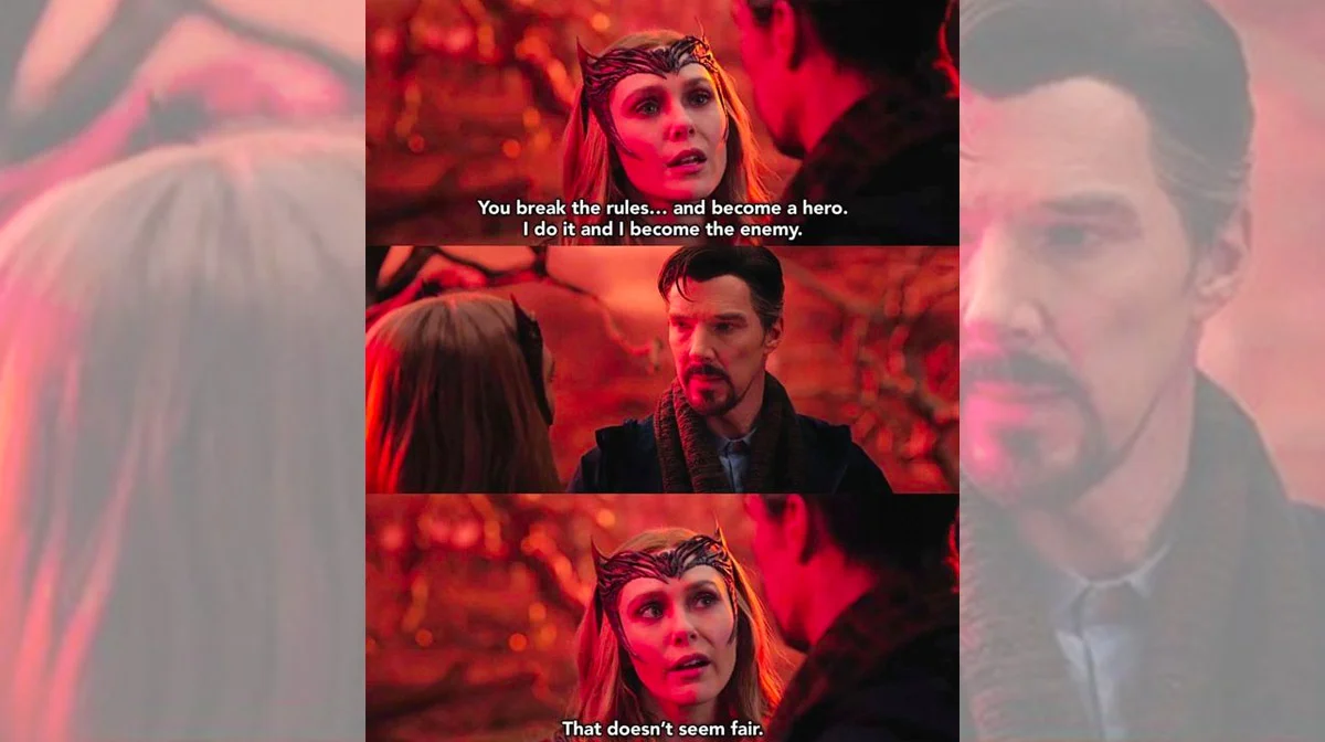 The original scene from Doctor Strange in the Multiverse of Madness (2022) in which Wanda Maximoff delivers the iconic line that spawned the meme.
