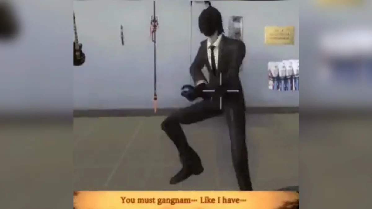 The original scene depicting the 'You must gangnam... Like I have...' meme, featuring a suited character mid-dance.