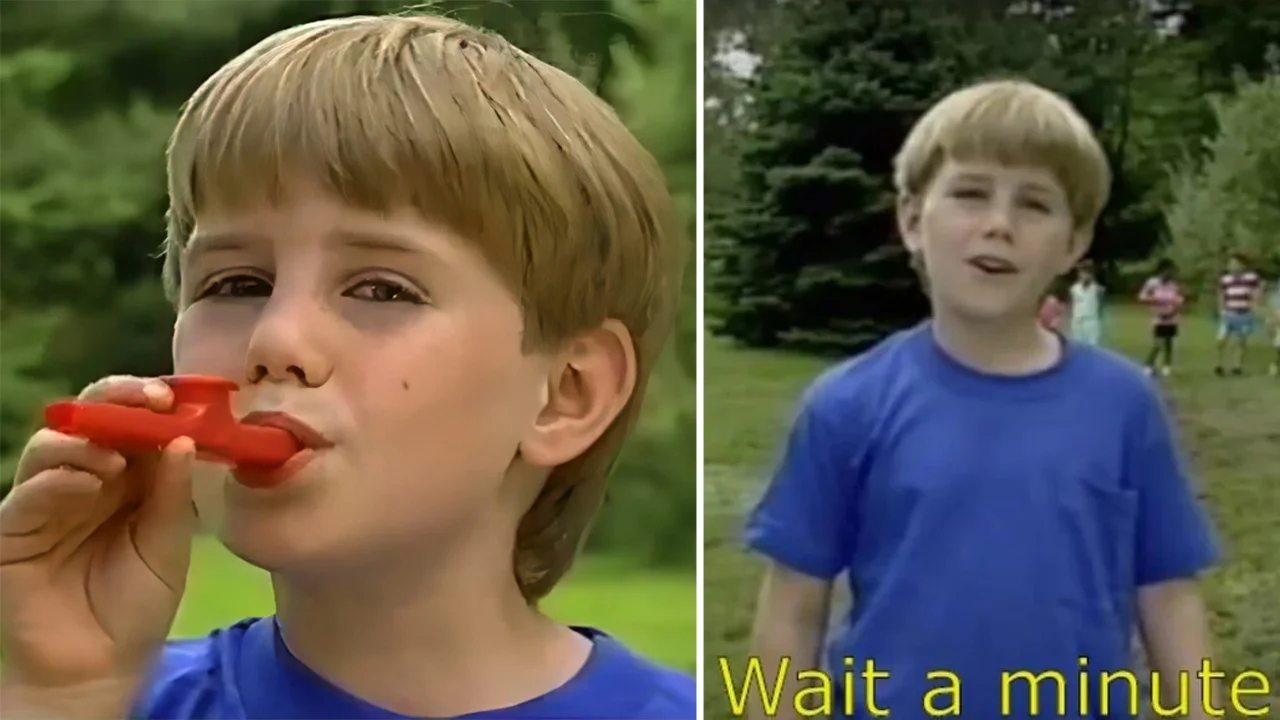 Banner image for the Kazoo Kid meme, combining the iconic kazoo-playing shot with the 'Wait a minute' scene from the original video.