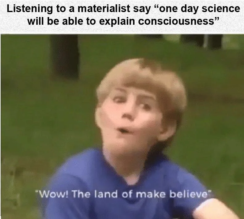 An image macro using the Kazoo Kid's 'land of make believe' line to mock materialist explanations of consciousness.