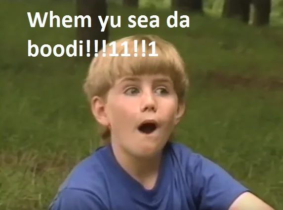 Lolspeak-style Kazoo Kid image macro using the character's surprised reaction shot.