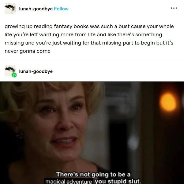 Tumblr edit applying the format to the experience of growing up reading fantasy novels.