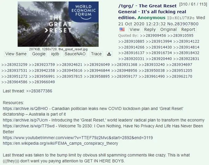 A 4chan '/tgrg/' Great Reset General thread that helped spread the 'You'll own nothing' narrative across imageboard communities.