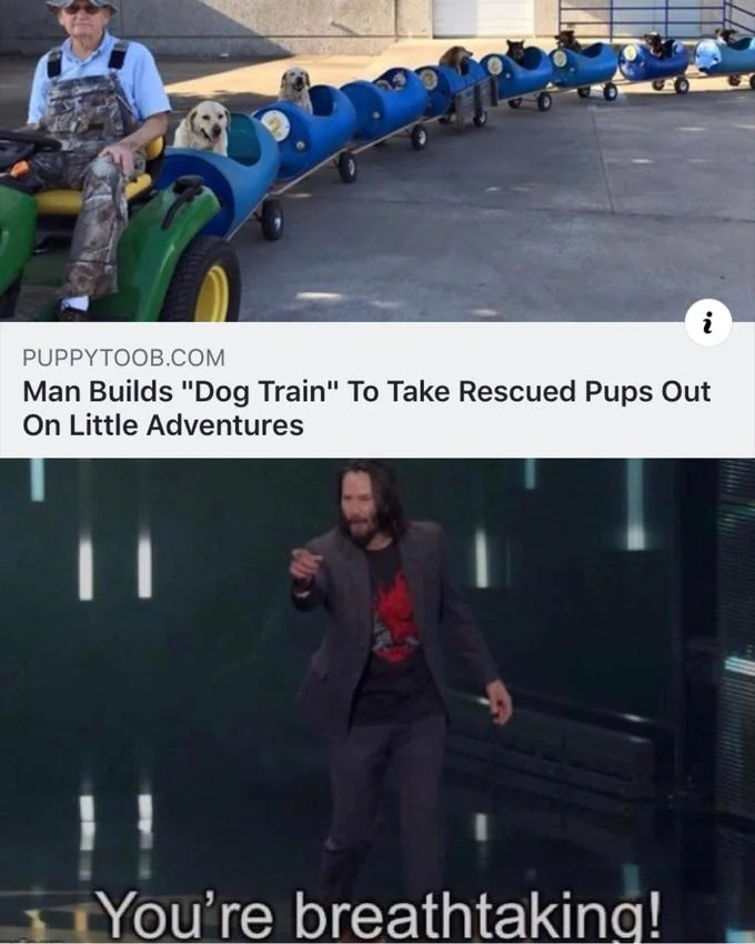 A wholesome application of the format, pairing a heartwarming news story with Keanu's 'You're breathtaking!' reaction.