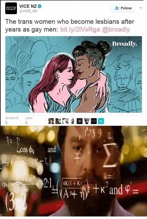 A meme using the iconic 'Galifianakis math' still from The Hangover to express confusion at a Vice NZ tweet.