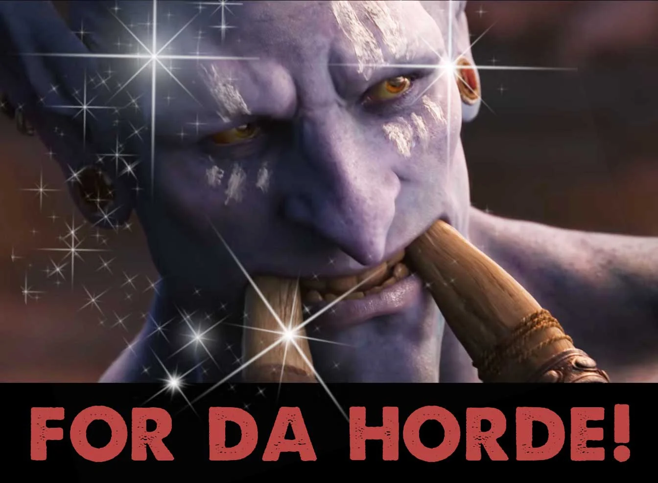 A triumphant 'FOR DA HORDE!' edit of the zappy boi troll biting into a worgen tusk, celebrating the character's meme status.