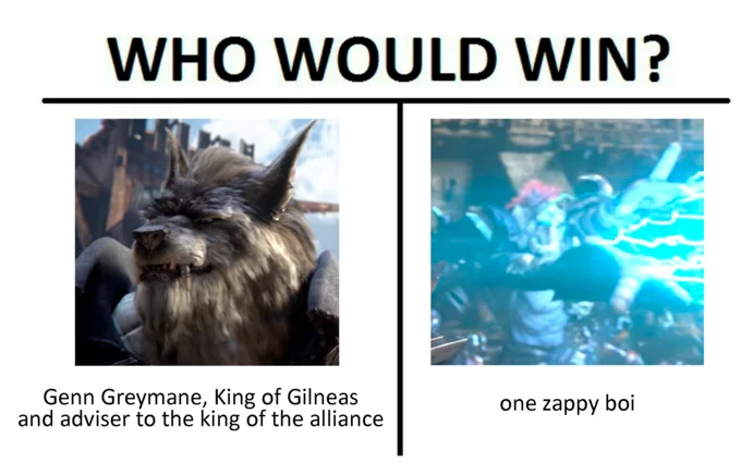 A 'Who Would Win?' meme pitting Genn Greymane against 'one zappy boi,' typical of the character's early meme circulation.