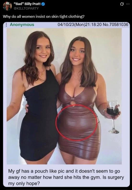 The 4chan post that sparked the meme, circling the perceived 'pouch' and asking if surgery is the only option.