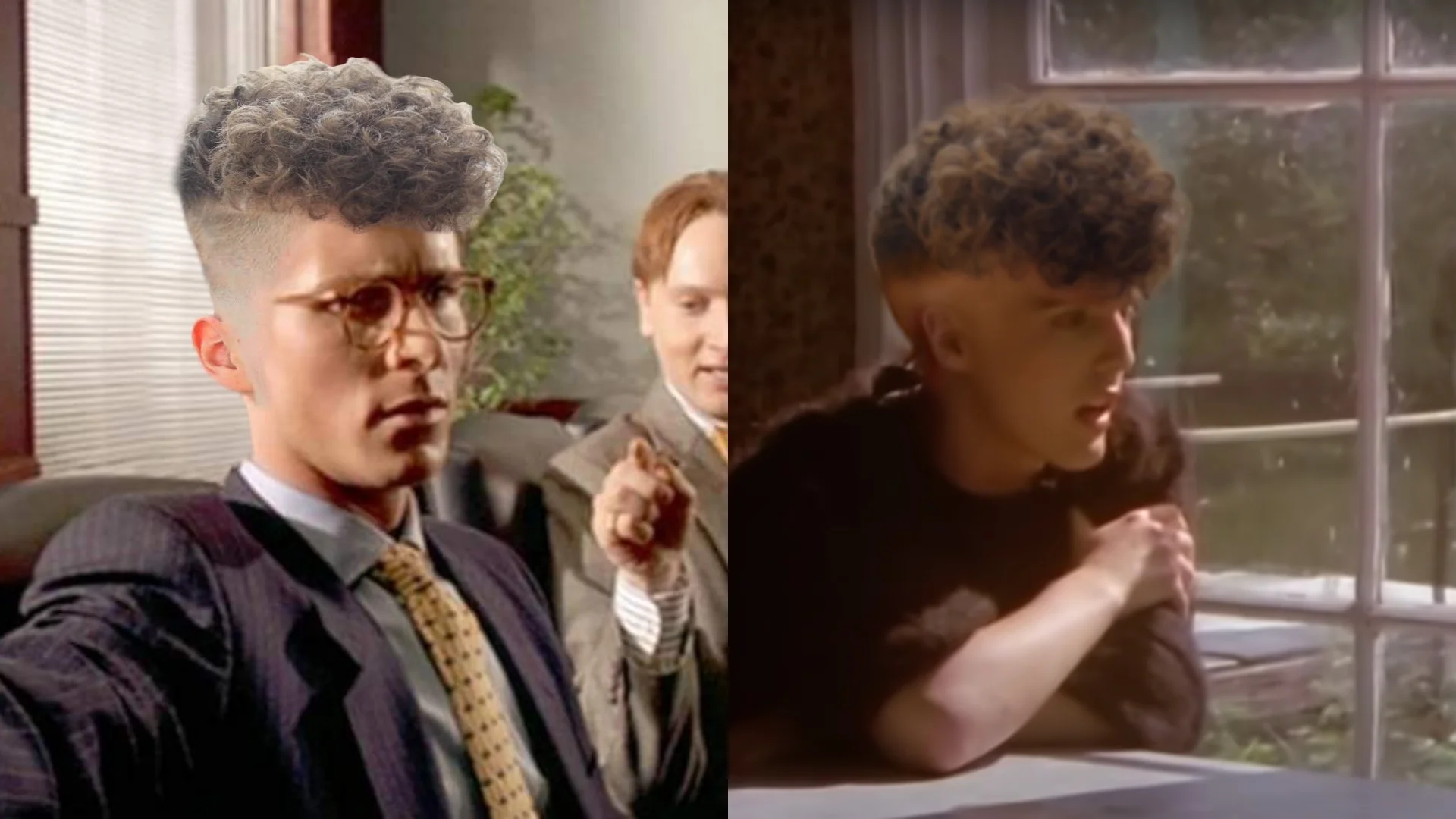 The cover image for the Zoomerification meme, showing a vintage film character digitally altered with the signature curly-top fade haircut alongside the original scene.